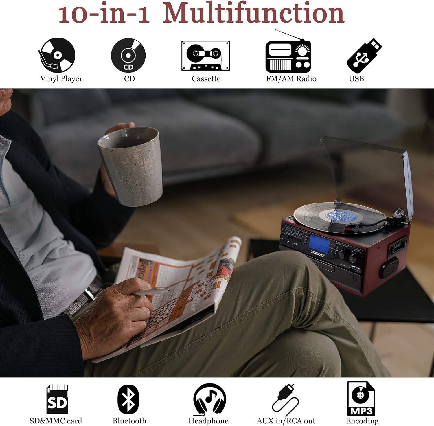 Vintage 10-in-1 Bluetooth Turntable with USB/SD Recorder